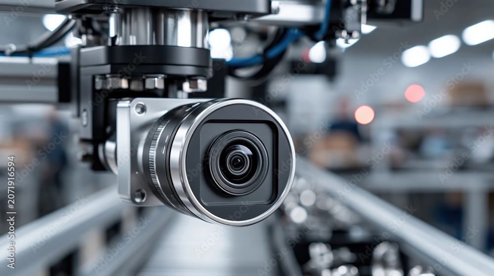 Fototapeta premium Close-up of a modern industrial camera mounted on a robotic arm for automated quality inspection