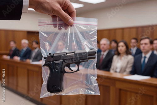 A prosecution lawyer holding up the murder weapon sealed in a clear plastic evidence bag, arguing his case in front of the jury as he cross examine a witness during a murder trial in a courtroom.