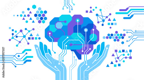 Digital Artificial Intelligence Brain with Circuitry Patterns and Robotic Hands for Cyber Security and Machine Learning Concept