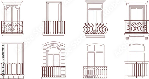 Foto Vector balconies, architectural windows, railings, and facades, brown line drawi