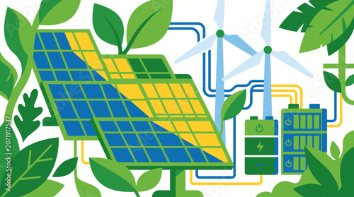 Integrated renewable energy system with solar panels wind turbines and storage batteries surrounded by lush green foliage for sustainable power
