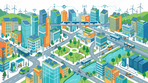 Modern Sustainable Smart City Landscape Featuring Eco Friendly Urban Infrastructure Renewable Energy Systems and Integrated Public Transport Networks
