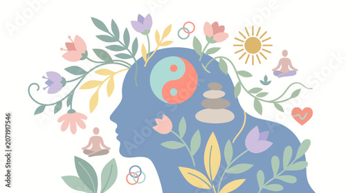 Conceptual Illustration of Mental Wellness and Inner Peace featuring Zen Symbols and Nature Elements for Mindfulness