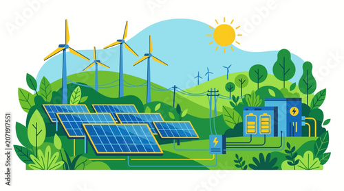 Seamless renewable energy ecosystem illustration depicting solar panel arrays and wind turbines harnessing clean power within a vibrant, sustainable green landscape