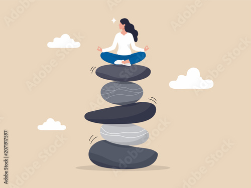 Woman Practicing Yoga Meditation on Balanced Zen Stones Vector Illustration