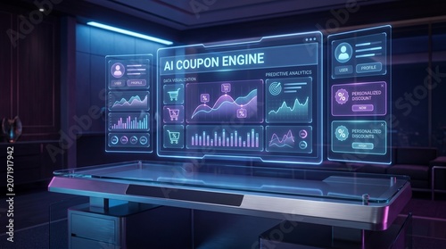 AI Coupon Engine Dashboard, Business Analytics, Modern Office, Infographic Display, High-Tech Environment, Futuristic Viewpoint