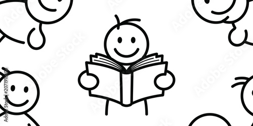 Stick figure reading book, happy faces, simple doodles, black and white vector illustrations, educational icons