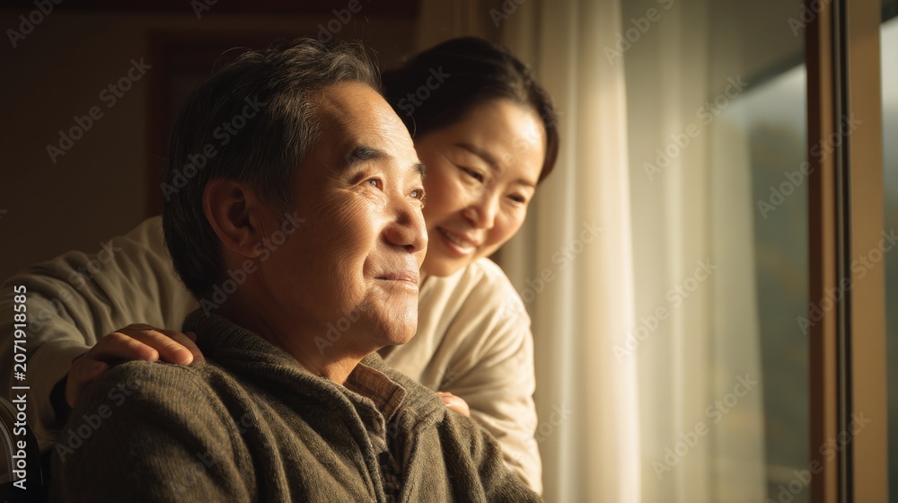 Fototapeta premium Elderly Asian couple sharing a tender moment by the window, bathed in warm sunlight, representing companionship and comfort