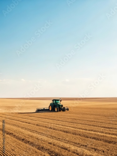 Tractor operating across harvested agricultural field under vast clear sky illustrating efficient farming practices and rural land management