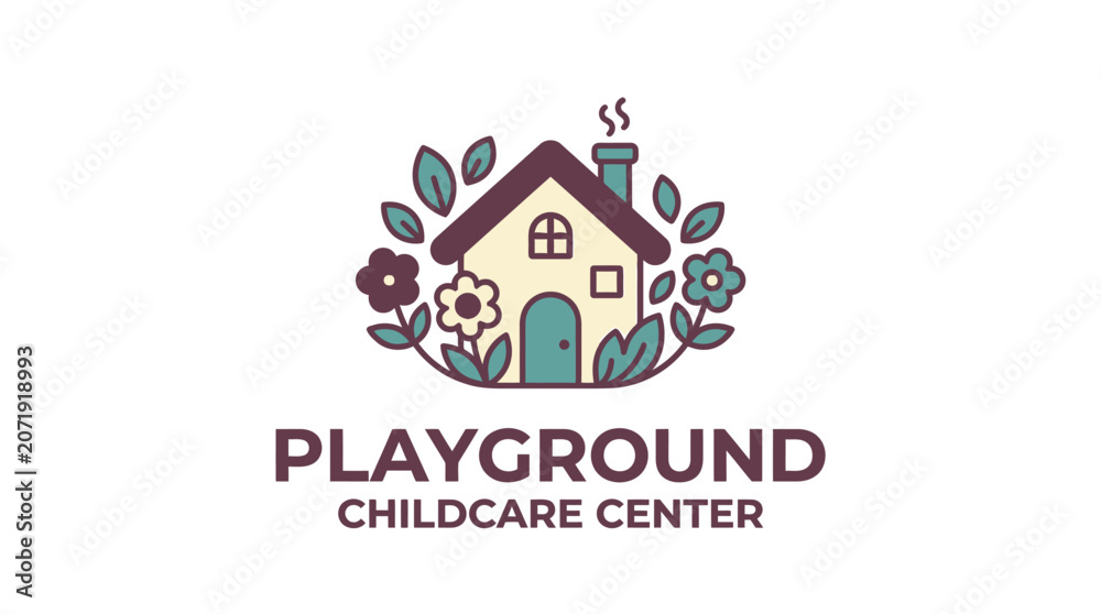 Fototapeta premium Playground Childcare Center Logo with House and Flowers.