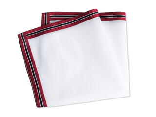 A classic white textile handkerchief featuring a burgundy border stripe design isolated on a white background.