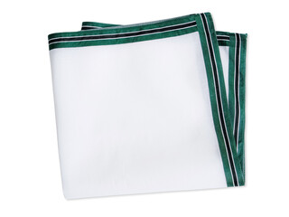 A classic white textile handkerchief featuring a deep green border stripe design isolated on a white background.