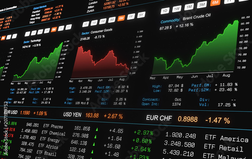 Sector stock index chart technology up and consumer goods down and brent crude oil up. Financial market and commodity data, trading board, stock market price information, investment strategy.