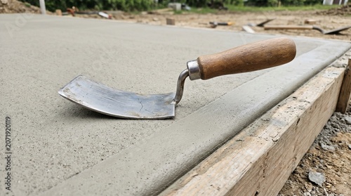 A concrete edging trowel resting on a freshly poured concrete slab next to wooden formwork at a construction site