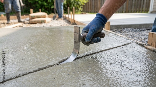 Construction worker using a groover tool to create a control joint in wet concrete for a new patio or driveway project