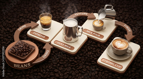 Elegant 3d coffee preparation process showcasing beans espresso milk texture and latte art in a stylish ceramic cup