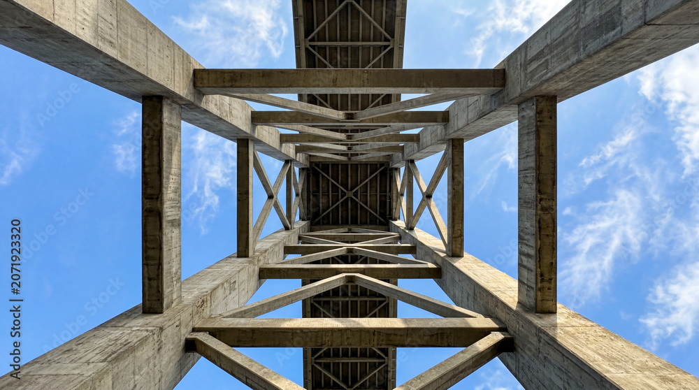 Fototapeta premium Low Angle View Looking Straight Up At Massive Concrete Pylons Supporting Soaring Harbor Bridge Structure