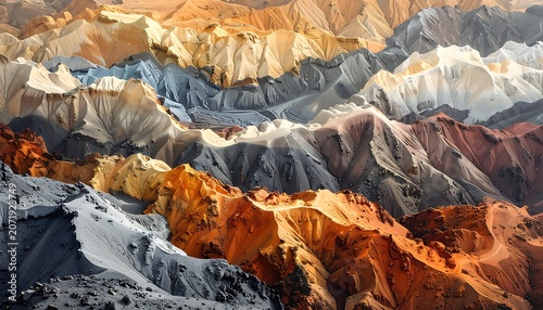 A breathtaking landscape of layered, multicolored mountain ranges