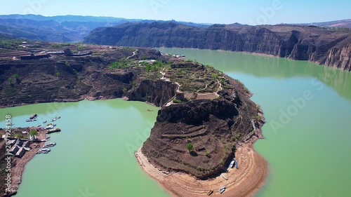 Aerial view of Laoniuwan Yellow River scenery in Hohhot, Inner Mongolia, China 