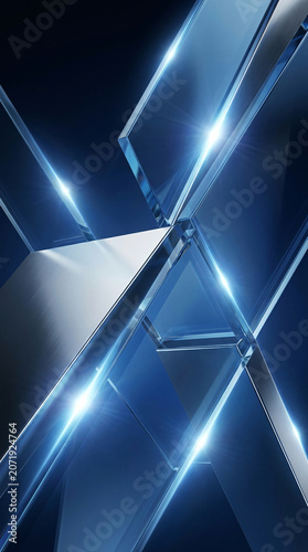 Abstract blue futuristic geometric background featuring glass and metal plates with glowing light flares and reflections