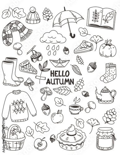 Autumn Doodles Set Retro Hand Drawn Fall Season Cozy Food and Clothing Icon Elements