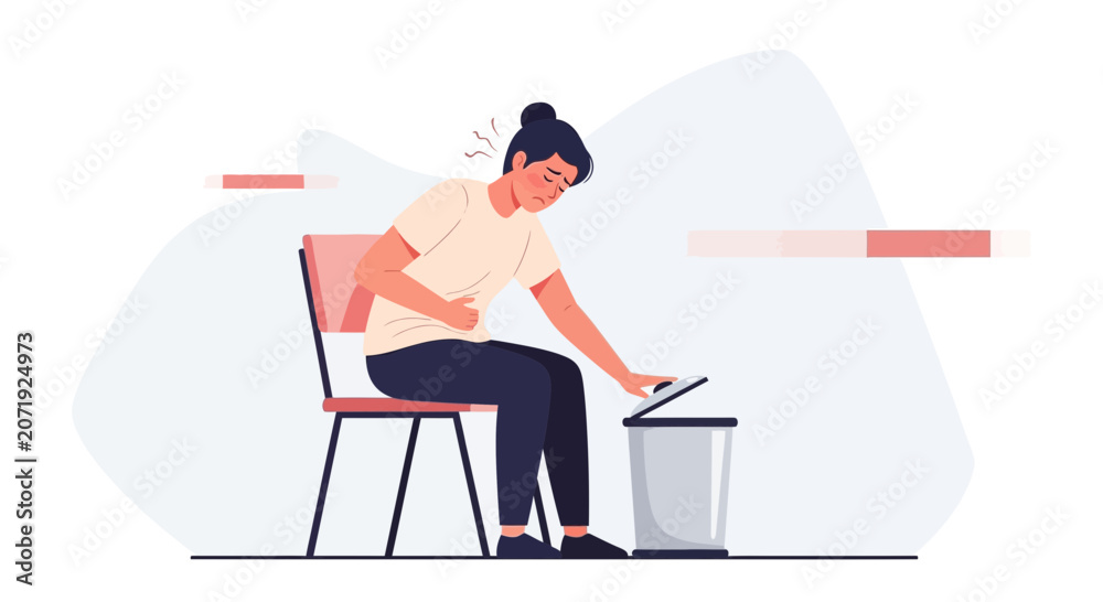 Fototapeta premium Woman Experiencing Abdominal Pain And Vomiting, Feeling Ill, Sitting Beside The Trash Can