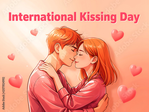 International kissing day illustration of a romantic couple embracing and kissing surrounded by hearts on a peach background
