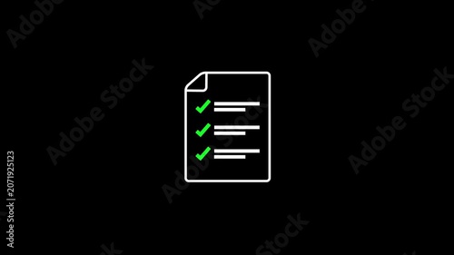 Document Icon Animation with Green Check Marks Appearing as Completed To Do List Task Management and Checklist Concept Isolated on Black Background.