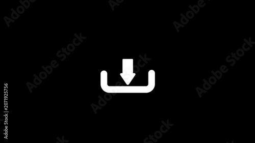 White Download Icon Animation with Moving Arrow Indicating Data Loading Transfer or File Saving Concept Isolated on Black Background.