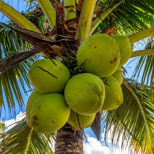 A cluster of green coconuts on a palm tree against a blue sky