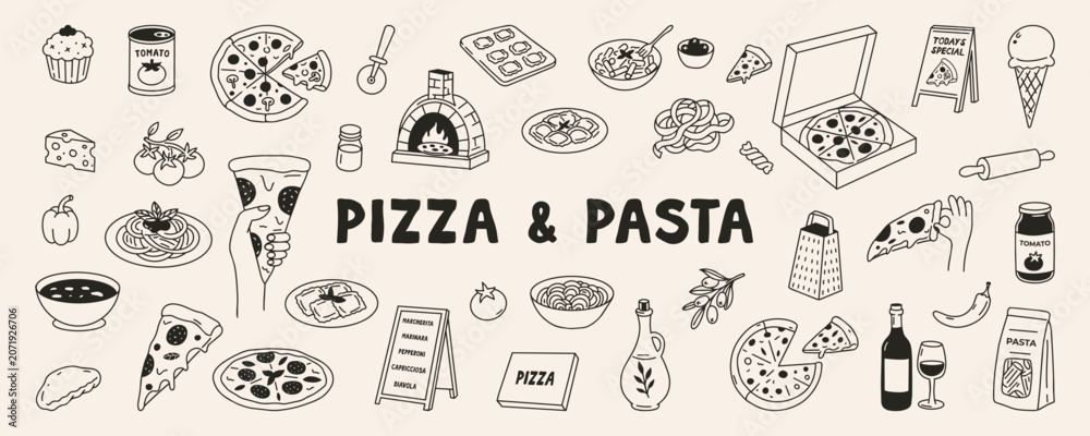 Naklejka premium Hand drawn pizza illustration set with chefs, food lovers and Italian cuisine elements. Features pizza slices, mozzarella, pepperoni and restaurant characters. Perfect for menu, pizzeria