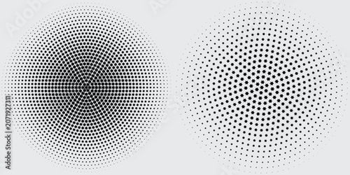 Black and white radial halftone shapes with vibrating line texture and circular abstract forms dynamic abstract composition eps10