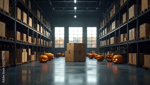 Dark industrial warehouse interior with pumpkins and cardboard boxes.
