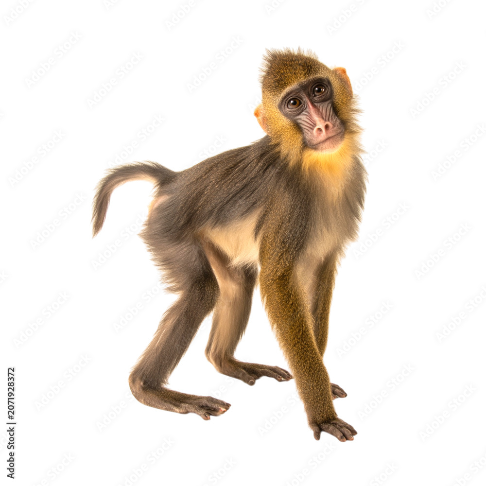 Fototapeta premium Young mandrill monkey standing looking back isolated on transparent background PNG element
