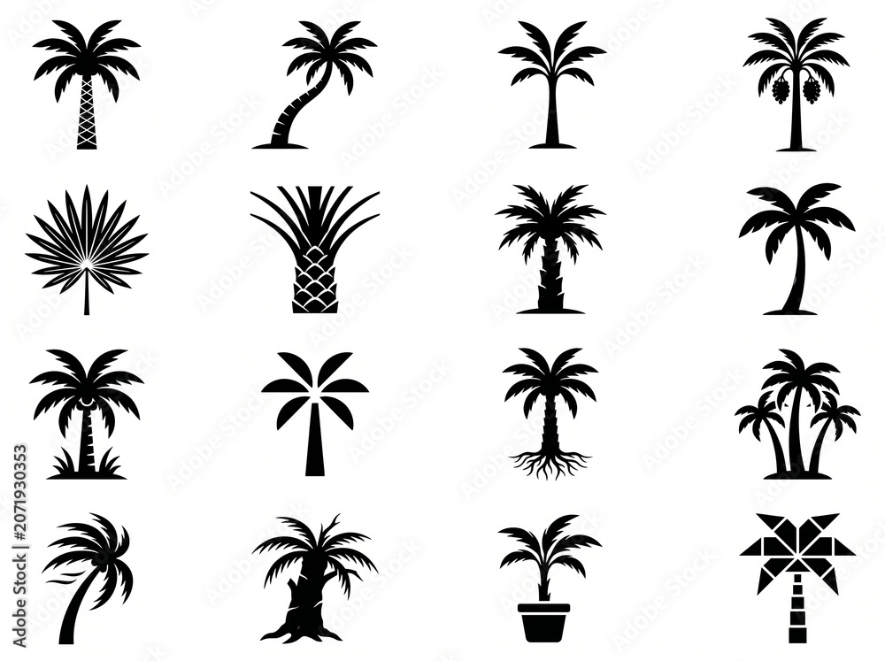 Fototapeta premium Collection of various palm tree silhouettes illustrating tropical plant types for summer vacation design elements and nature themes in black vector icons with tropical