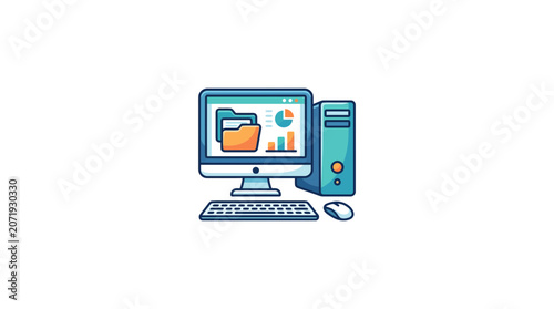 Desktop Computer with Data Analysis and File Folder Icon Illustration