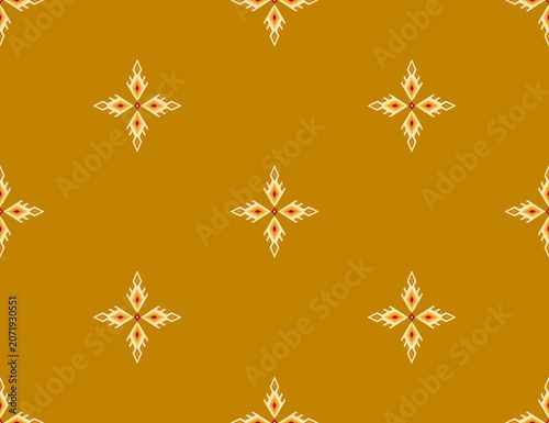 Hand-drawn Seamless Luxurious Traditional Minimalist Motif Geometric Flower Star Pattern on Rich Mustard Yellow Background for Contemporary Bohemian Apparel Silk Wrap and Subtle Textile Design