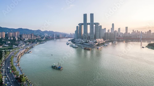 High angle timelpase of city sktline in Chaotianmen dock, chongqing, China	