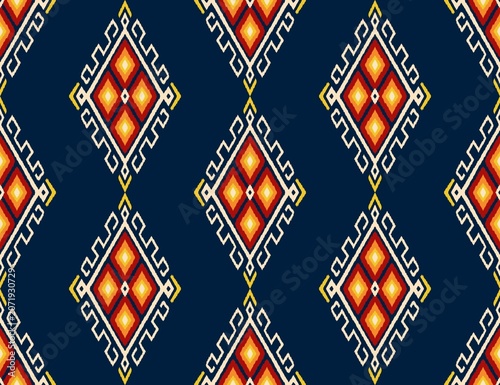 Hand-drawn Seamless Luxurious Traditional Diamond Ethnic Geometric Pattern in Navy Blue and Bright Orange for Textile Print Fashion Garment Luxury Wallpaper and Surface Design