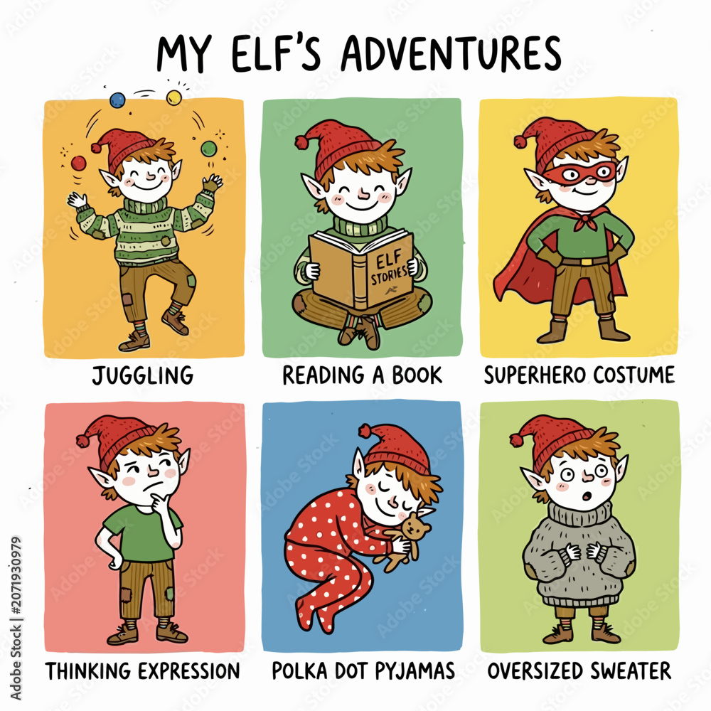 Fototapeta premium Collection of little elf activities and adventures illustrations.