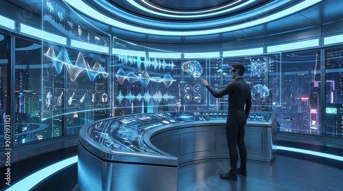 Futuristic Control Room with Holographic Data Displays and Scientist