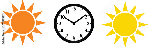 Fotografía Sun and clock icons showing morning to afternoon time passage vector illustratio