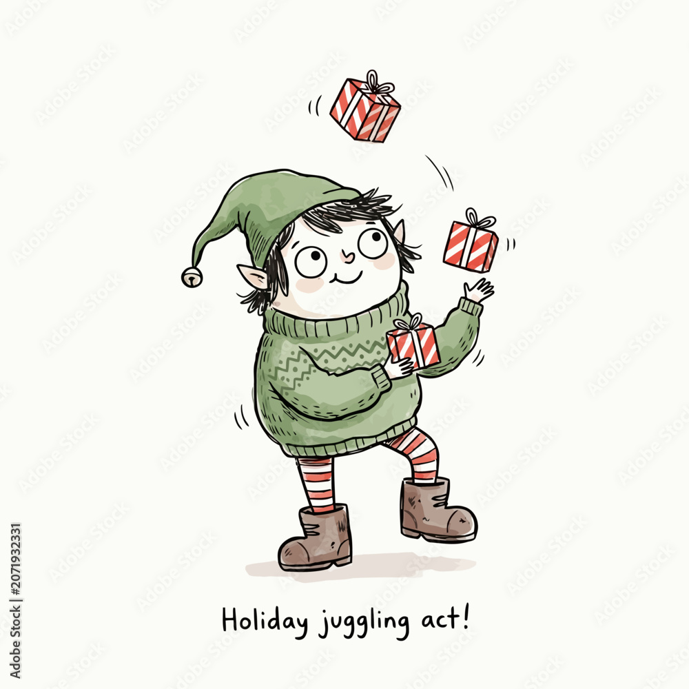 Obraz premium A cheerful elf in a green sweater and striped leggings juggles three red and white striped gift boxes.