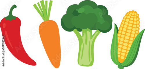 Fotografie Vegetable illustration set with chili carrot broccoli corn colorful food nutriti