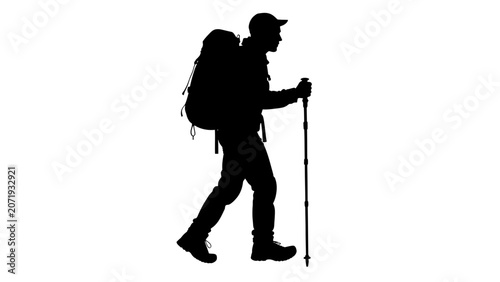 Fotografia Hiking man silhouette, backpacker icon, trekking person, outdoor adventure symbo