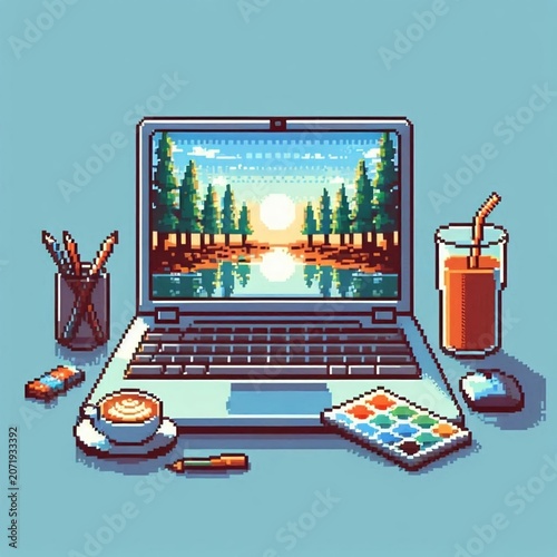 Retro pixel art illustration of an open laptop with scenic screen display