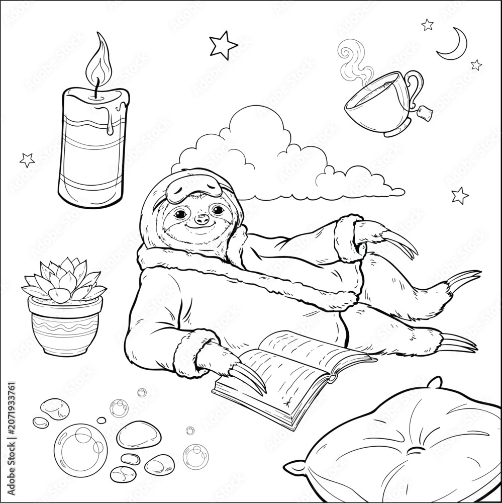 Fototapeta premium A cute sloth in pajamas reading a book promotes relaxation and personal wellness for International Self Care Day.