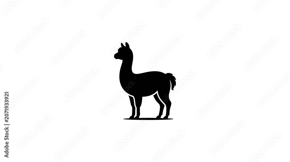 Fototapeta premium Black silhouette of a standing llama against a plain white background