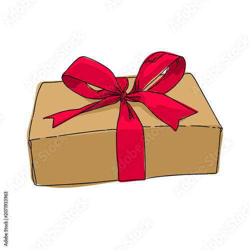 a gift brown box with a red ribbon tied around it issolated on white.party Birthday element