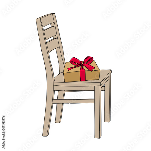 a wooden chair with a red ribbon gift wrapped in a box. Home object relate